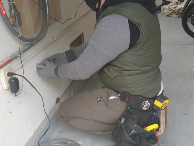 Electrician performing outlet wiring in a Prairie Heights garage